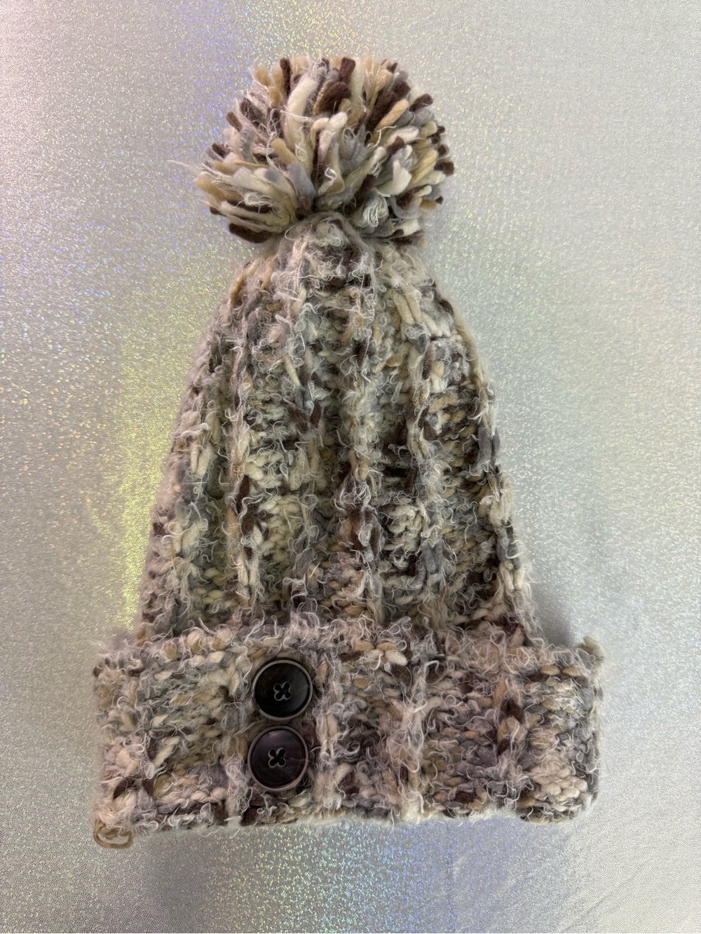 Simply Noelle hat super soft furry fuzzy Neutral Multi Pom Beanie with Buttons